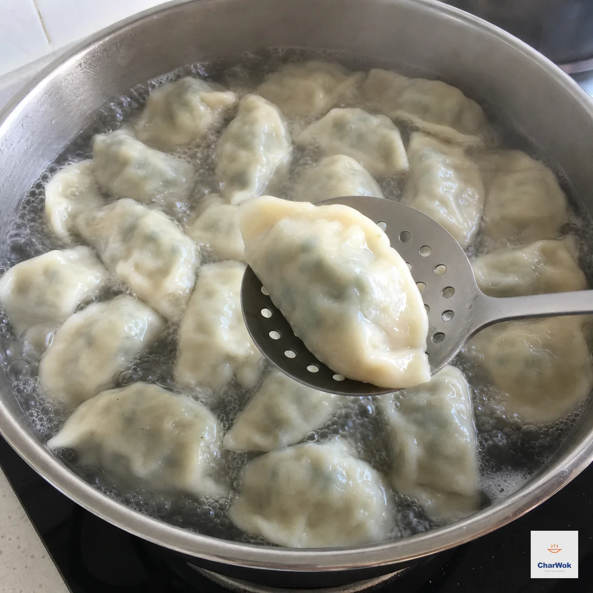Plump intact beef dumplings float in clear boiling water with slightly translucent wrappers while a slotted spoon lifts one above the pot