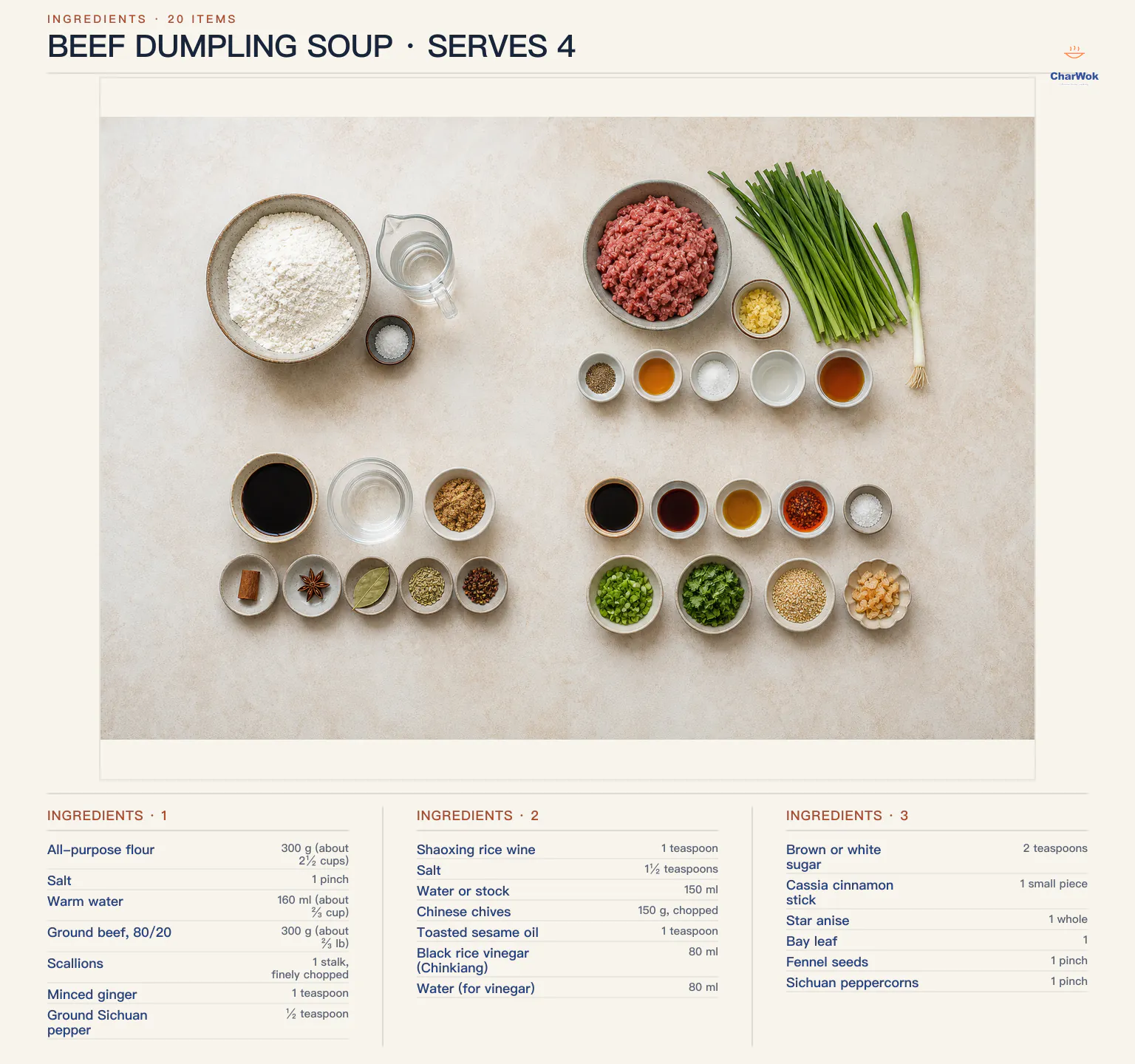 Beef dumpling soup ingredients labeled in English: 300 g or about 2 and a half cups all-purpose flour plus extra for dusting, 1 pinch dough salt, 160 ml or about two-thirds cup dough water, 300 g or about two-thirds pound 80/20 ground beef, 1 scallion, 1 teaspoon minced ginger, half a teaspoon ground Sichuan pepper, 1 teaspoon Shaoxing wine, 1 and a half teaspoons filling salt, 150 ml water or stock, 150 g Chinese chives, and 1 teaspoon toasted sesame oil; 80 ml black rice vinegar, 80 ml water, 2 teaspoons sugar, 1 cassia piece, 1 star anise, 1 bay leaf, 1 pinch fennel seeds, and 1 pinch Sichuan peppercorns for the spiced vinegar; plus 1 to 2 tablespoons spiced vinegar, 1 teaspoon light soy sauce, half a teaspoon sesame oil, 1 tablespoon chili oil or to taste, 1 pinch salt, chopped scallion, cilantro, toasted sesame seeds, and optional papery dried shrimp for each bowl