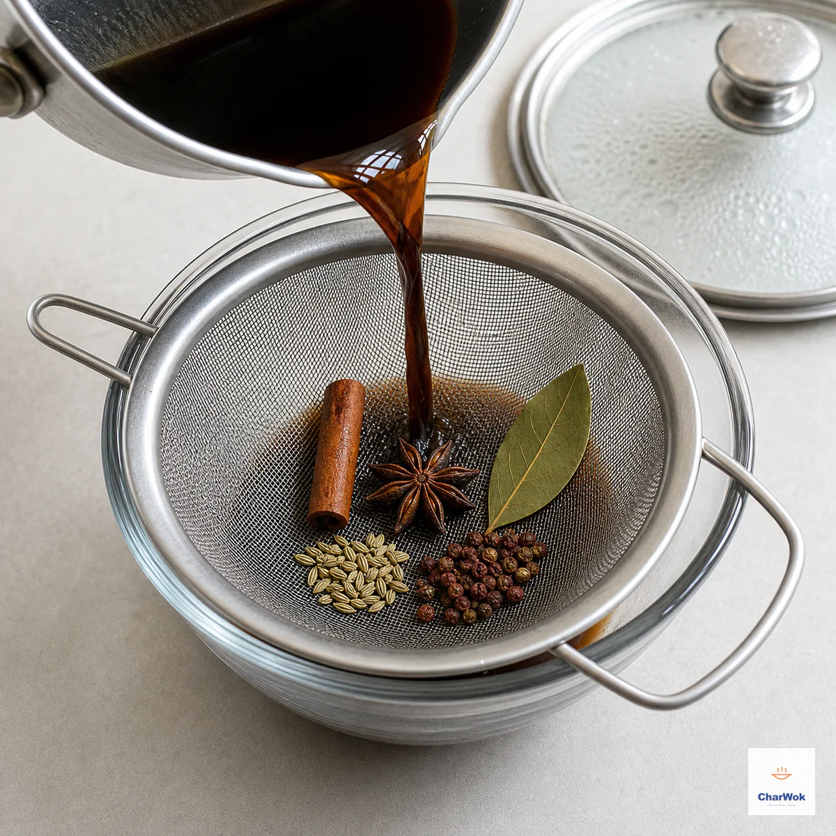 Thin dark spiced black-rice vinegar pours through a fine sieve that holds one cassia stick, one star anise, one bay leaf, fennel seeds, and Sichuan peppercorns