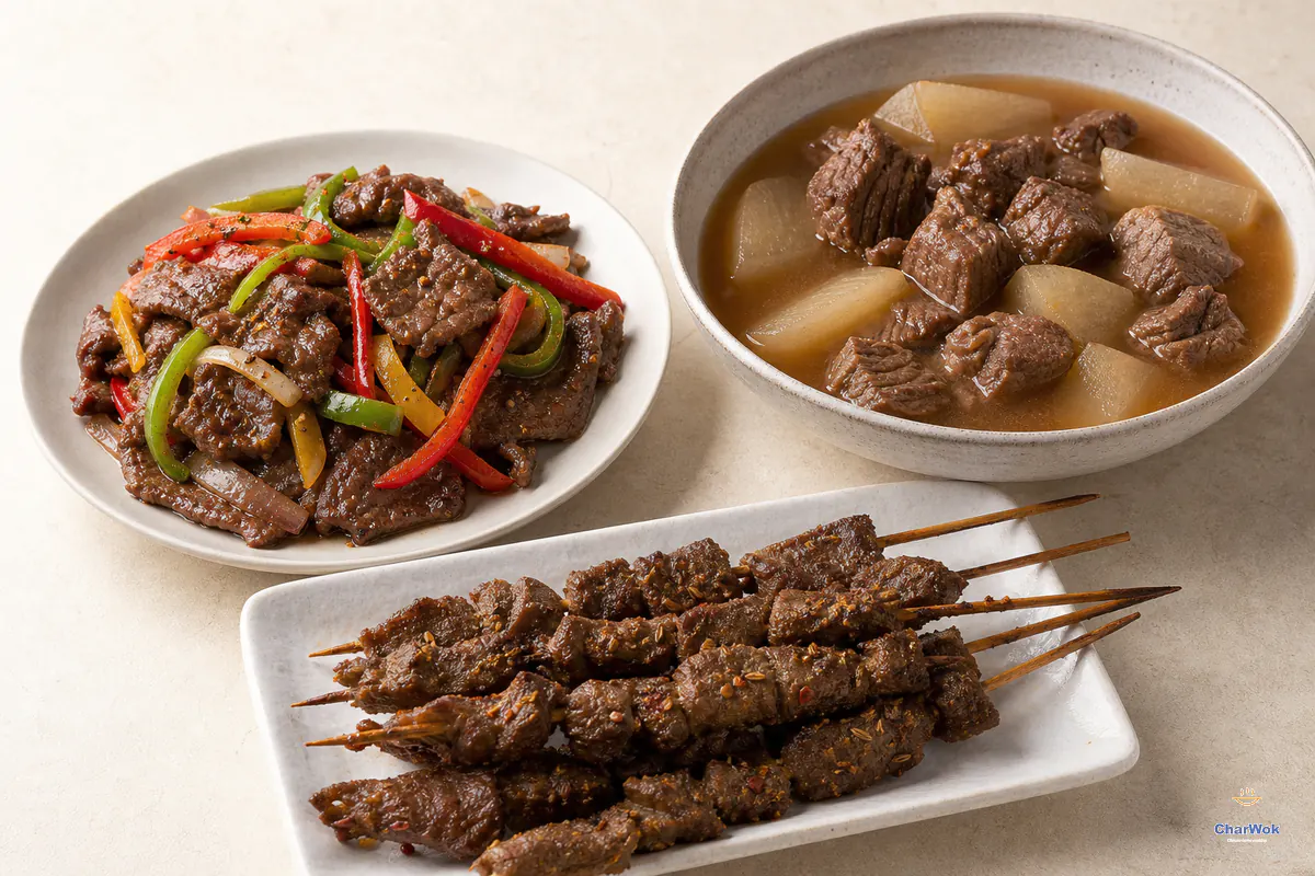 Black pepper beef, braised beef with daikon and cumin lamb skewers