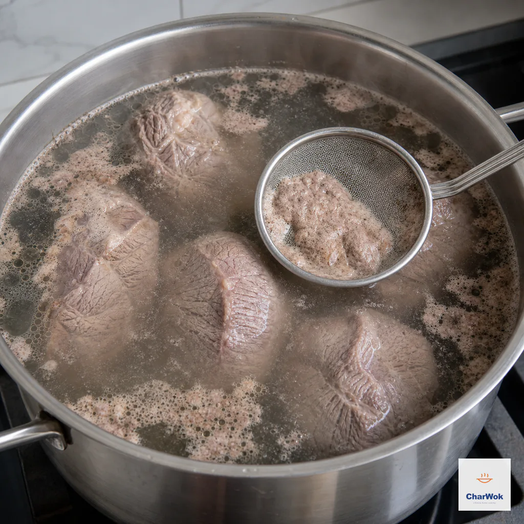 A fine-mesh skimmer lifts gray-brown scum from beef shank blanching in pale water with only small bubbles around the pot edge