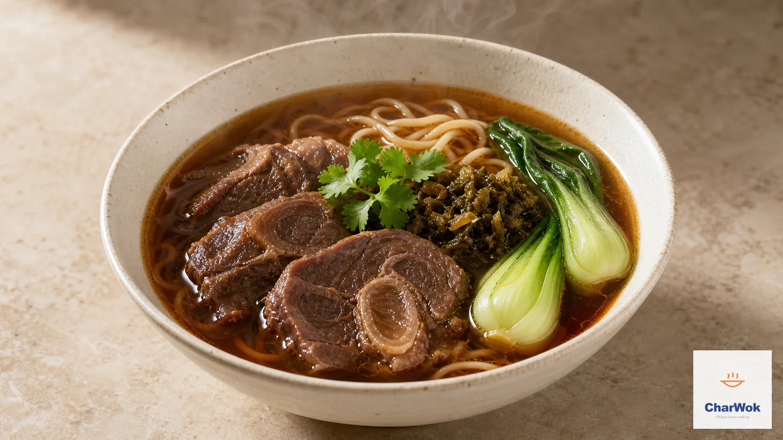 Taiwanese red-braised beef noodle soup with clear mahogany broth, wheat noodles, tender beef shank slices, bok choy, fried pickled mustard greens, and cilantro