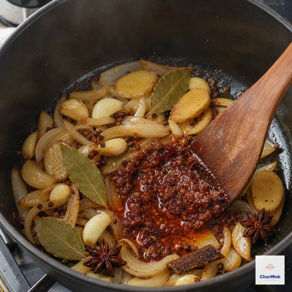 A wooden spatula fries chili doubanjiang beside browned onion, garlic, ginger, bay, star anise, cassia, and Sichuan pepper until the oil turns brick-red