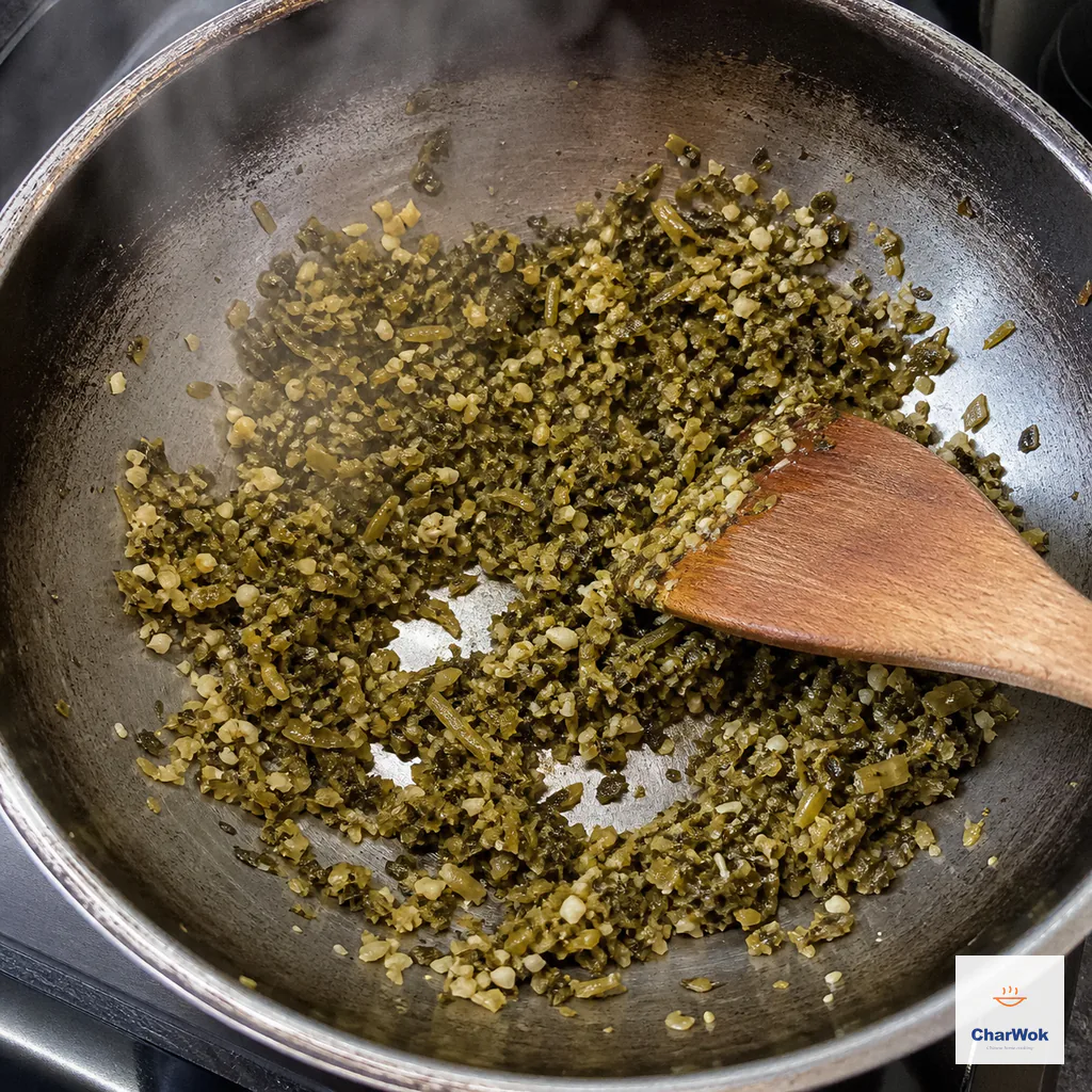 Finely chopped pickled mustard greens with minced garlic and ginger are spread across a skillet whose bottom shows through with no pooled liquid