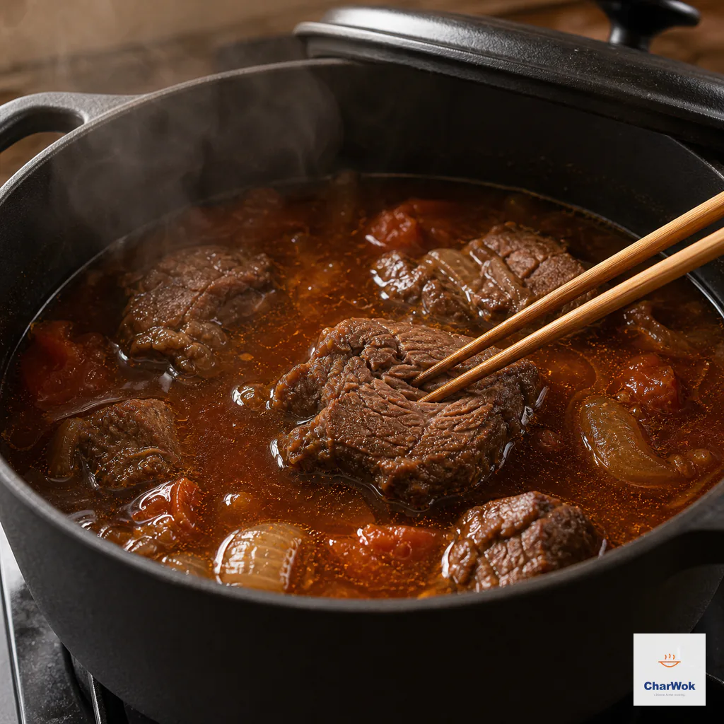 Wooden chopsticks pierce an intact beef shank piece in clear mahogany broth under an ajar lid with only a few lazy bubbles