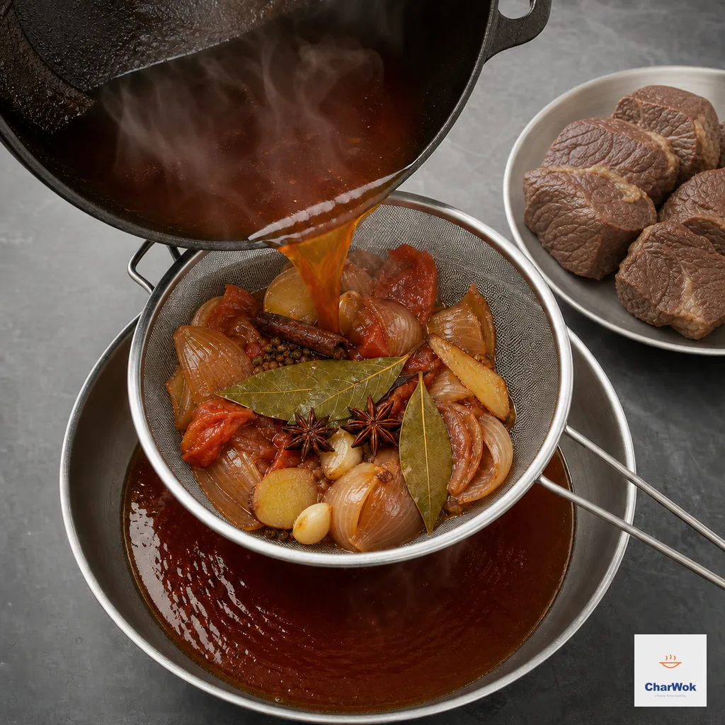 Mahogany broth pours through a fine sieve that retains softened onion, tomato, garlic, ginger, bay, star anise, cassia, and peppercorns while boneless beef rests separately