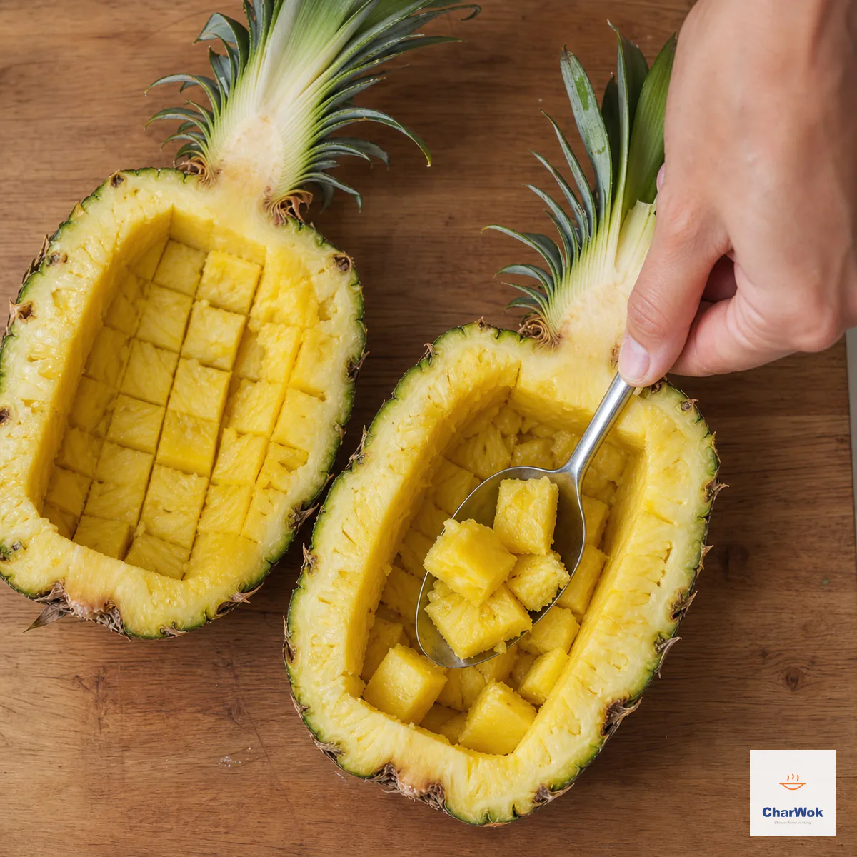 A spoon lifts small grid-scored cubes from one lengthwise pineapple half while both crowned shells keep a thick intact wall and unpierced bottom