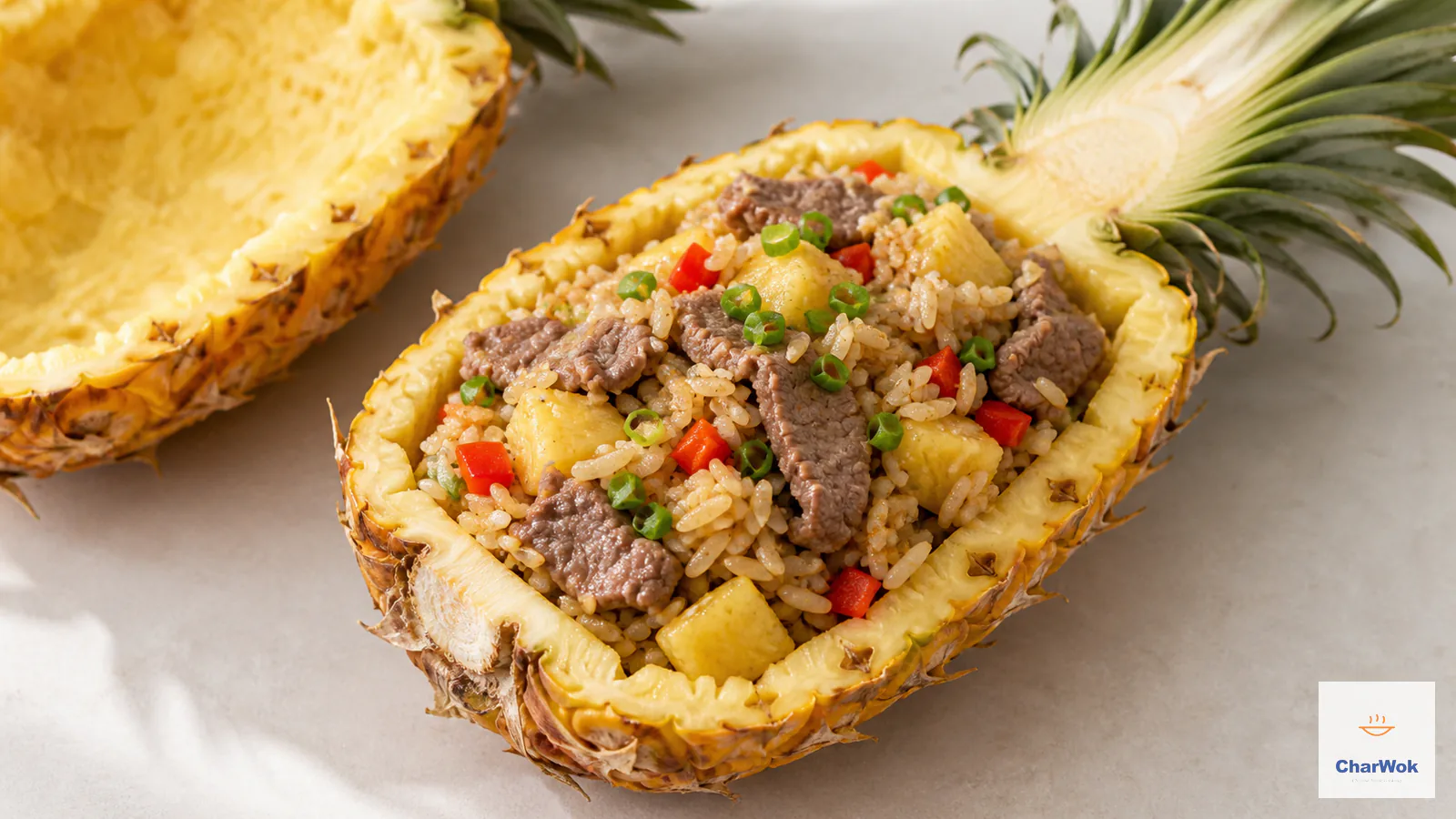 Beef and pineapple fried rice in a pineapple shell