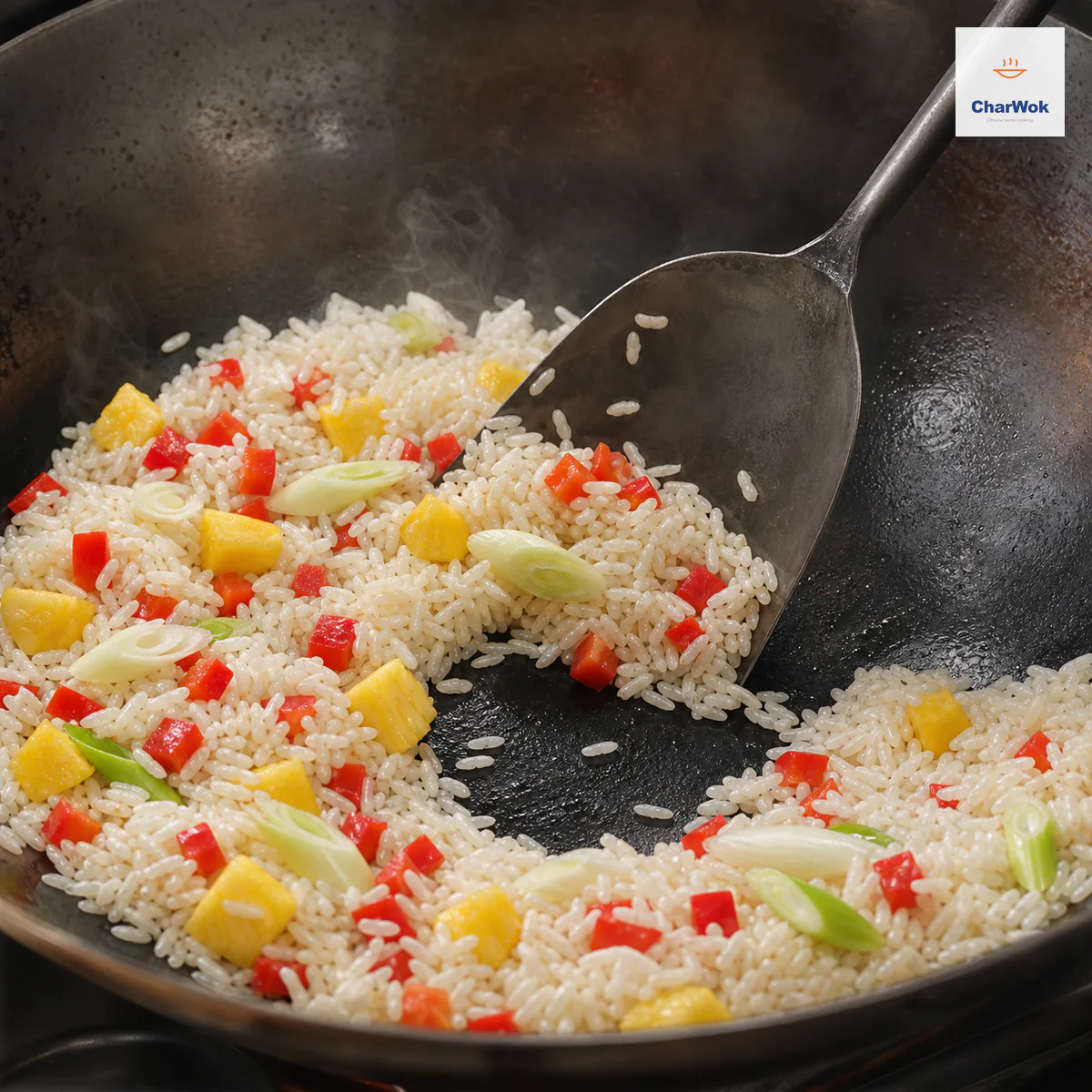 Separate jasmine rice grains, pineapple cubes, red bell pepper, and scallion whites move around a clean dry spatula trail in a hot wok with only thin steam
