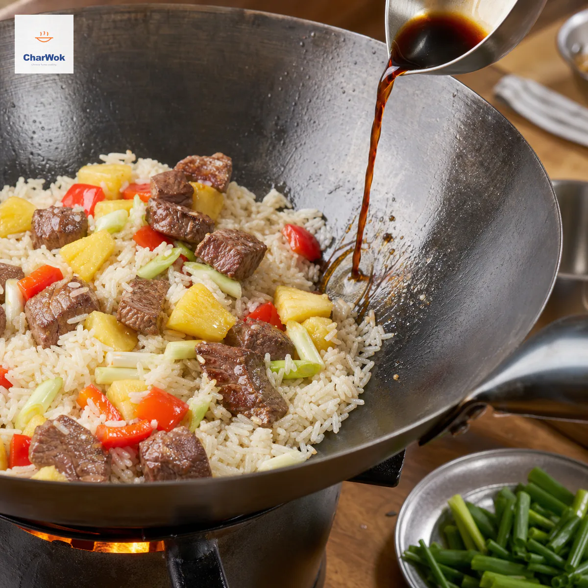 A thin stream of light soy sauce hits the exposed hot inside wall beside dry pineapple fried rice and returned seared beef while scallion greens wait nearby