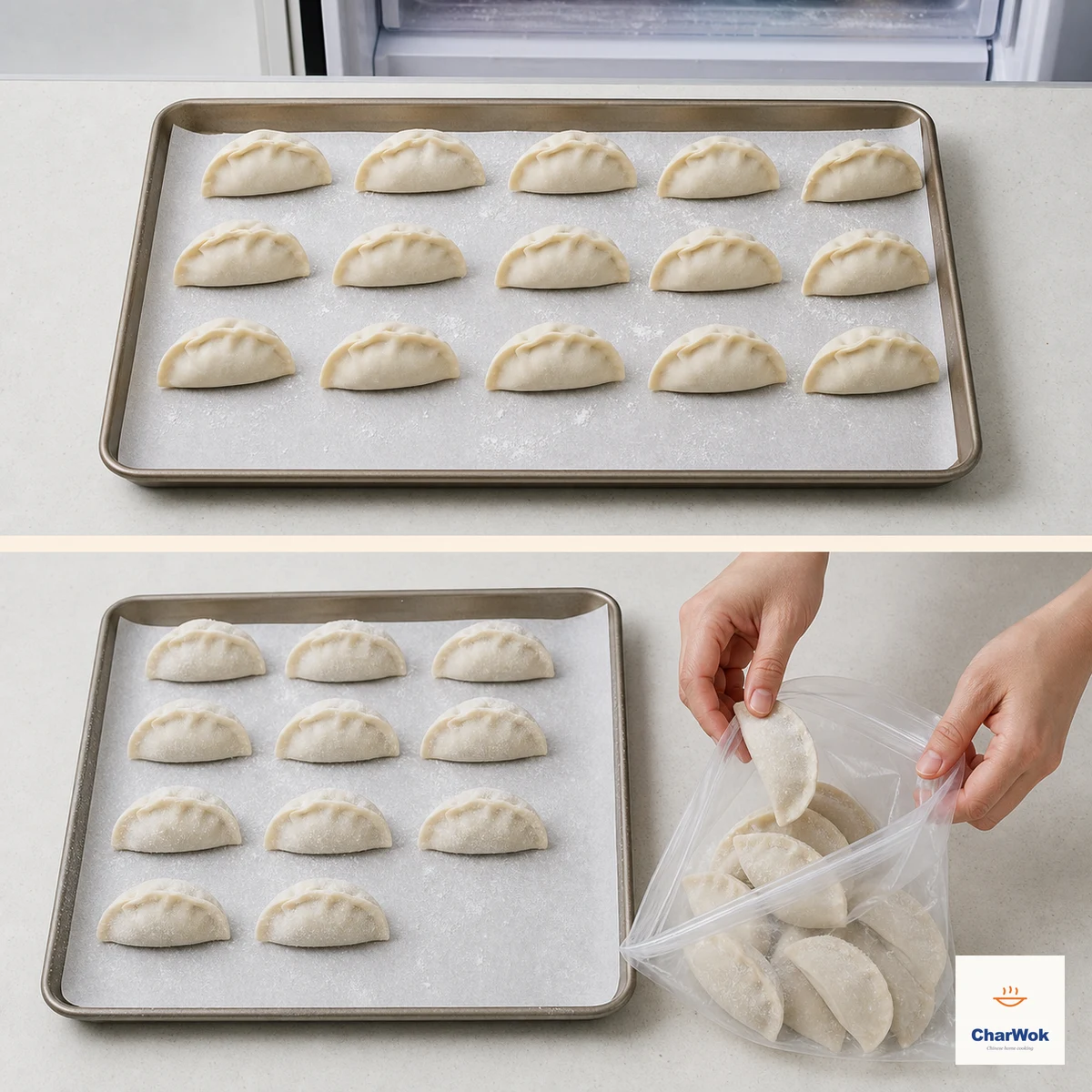 Two panels show raw dumplings frozen without touching on a floured parchment-lined tray, then transferred firm and dry into a plain freezer bag