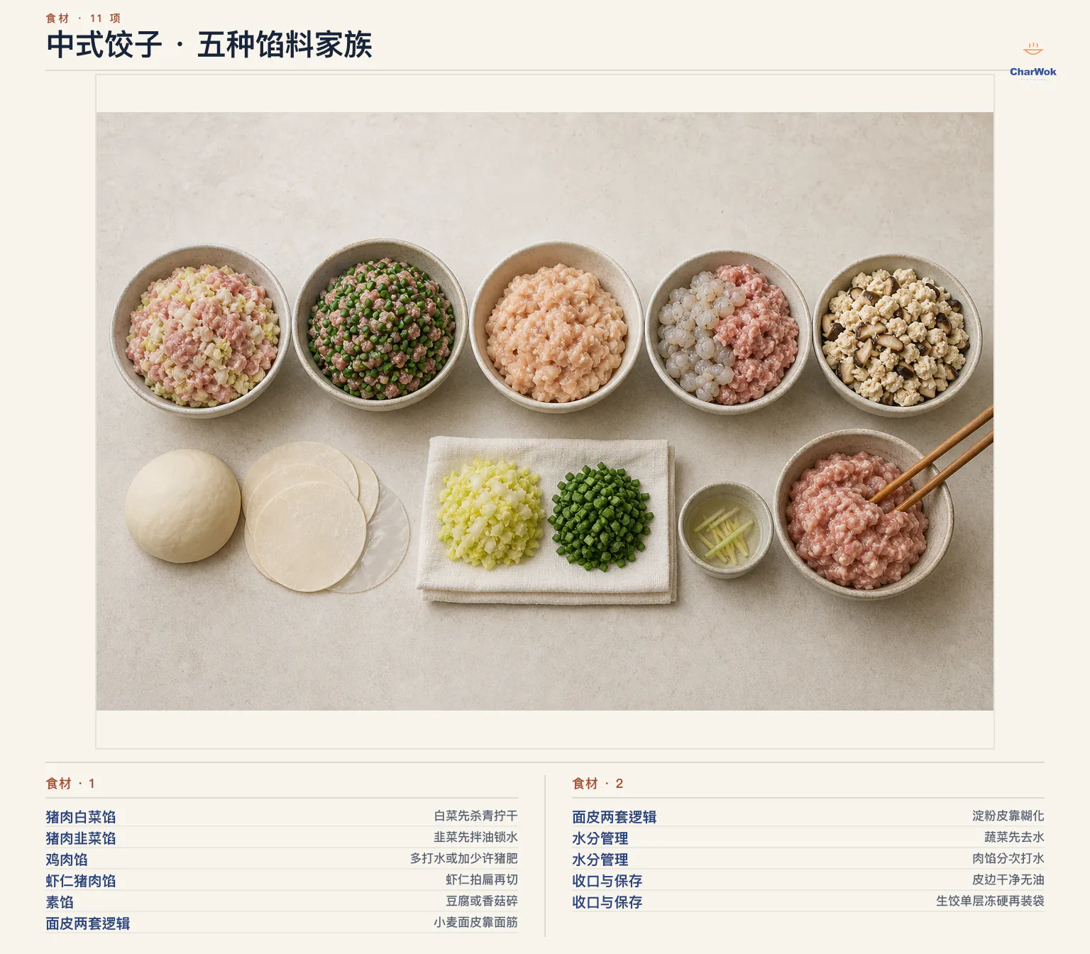 中式饺子简中总览:五碗依次是先杀青拧干白菜的猪肉白菜馅、先拌油锁水韭菜的猪肉韭菜馅、多打水或加少许猪肥的鸡肉馅、虾仁拍扁再切的虾仁猪肉馅,以及用豆腐或香菇碎做的素馅;下方另示小麦与淀粉皮、蔬菜去水、肉馅打水、干净收口与单层冷冻原则