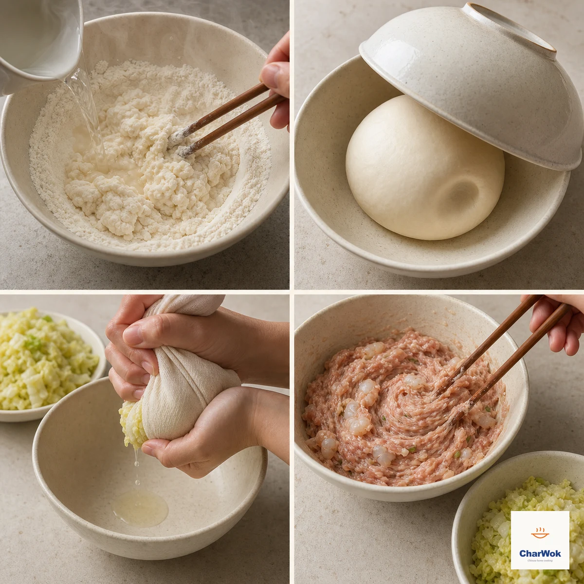 Four panels show just-boiled water stirred into flour, smooth dough resting under a bowl, salted napa squeezed in cloth, and pork-shrimp filling beaten sticky while the cabbage waits separately