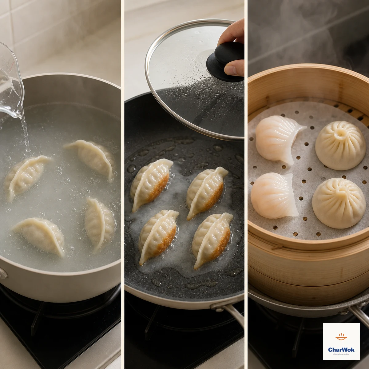 Three panels show four jiaozi spaced in abundant gently simmering water as cold water is added, four golden-bottomed potstickers under a descending lid, and two har gow with two xiao long bao spaced in a steaming bamboo basket