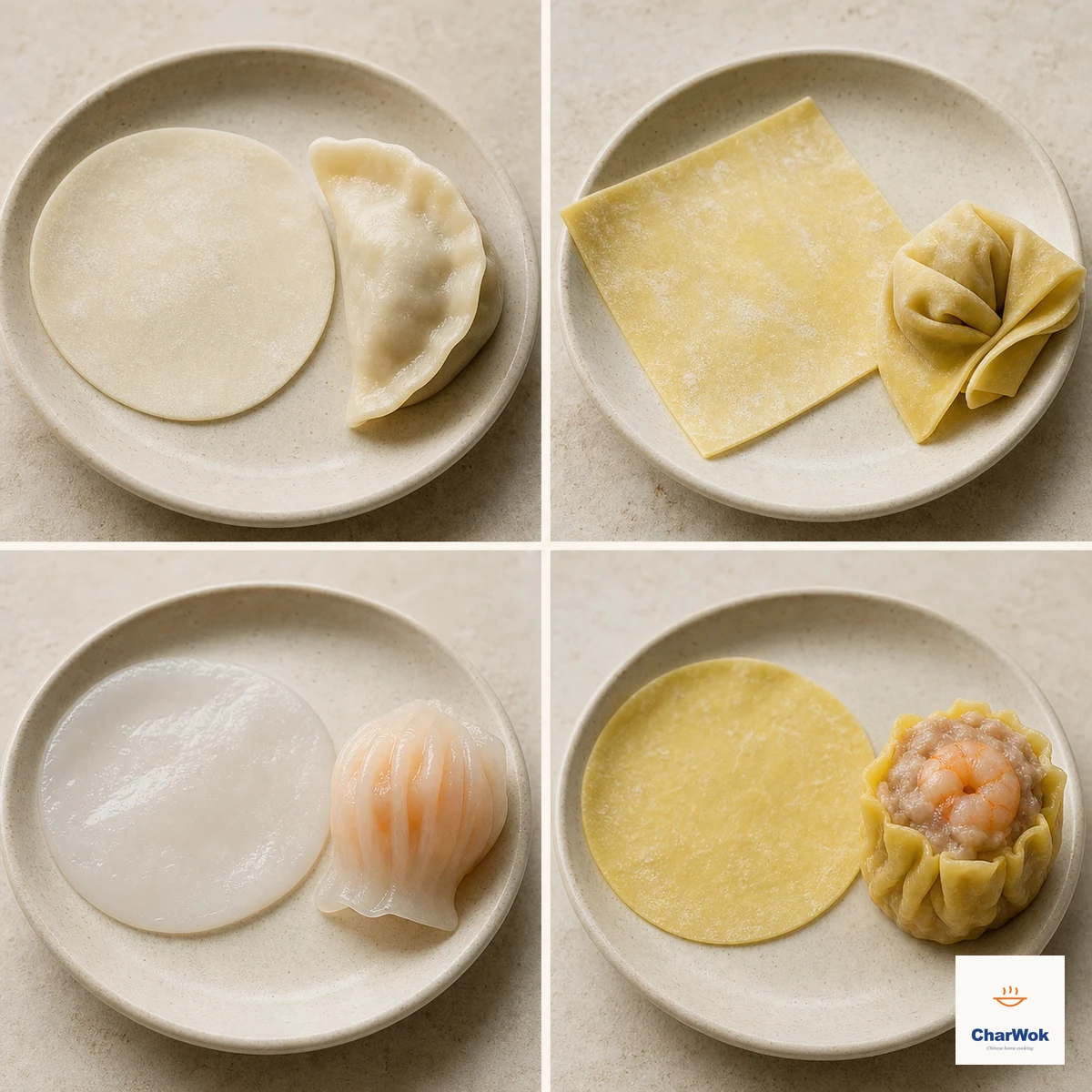 Four panels compare a round wheat jiaozi wrapper and half-moon dumpling, a square yellow wonton skin and folded wonton, a translucent starch wrapper and har gow, and a yellow wrapper with open siu mai