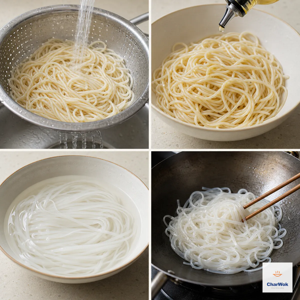 Four panels show separate wheat noodles rinsed under warm water, only a few drops of oil added before holding, rice noodles softened intact in warm water, and the rice noodles briefly tossed whole in a hot wok