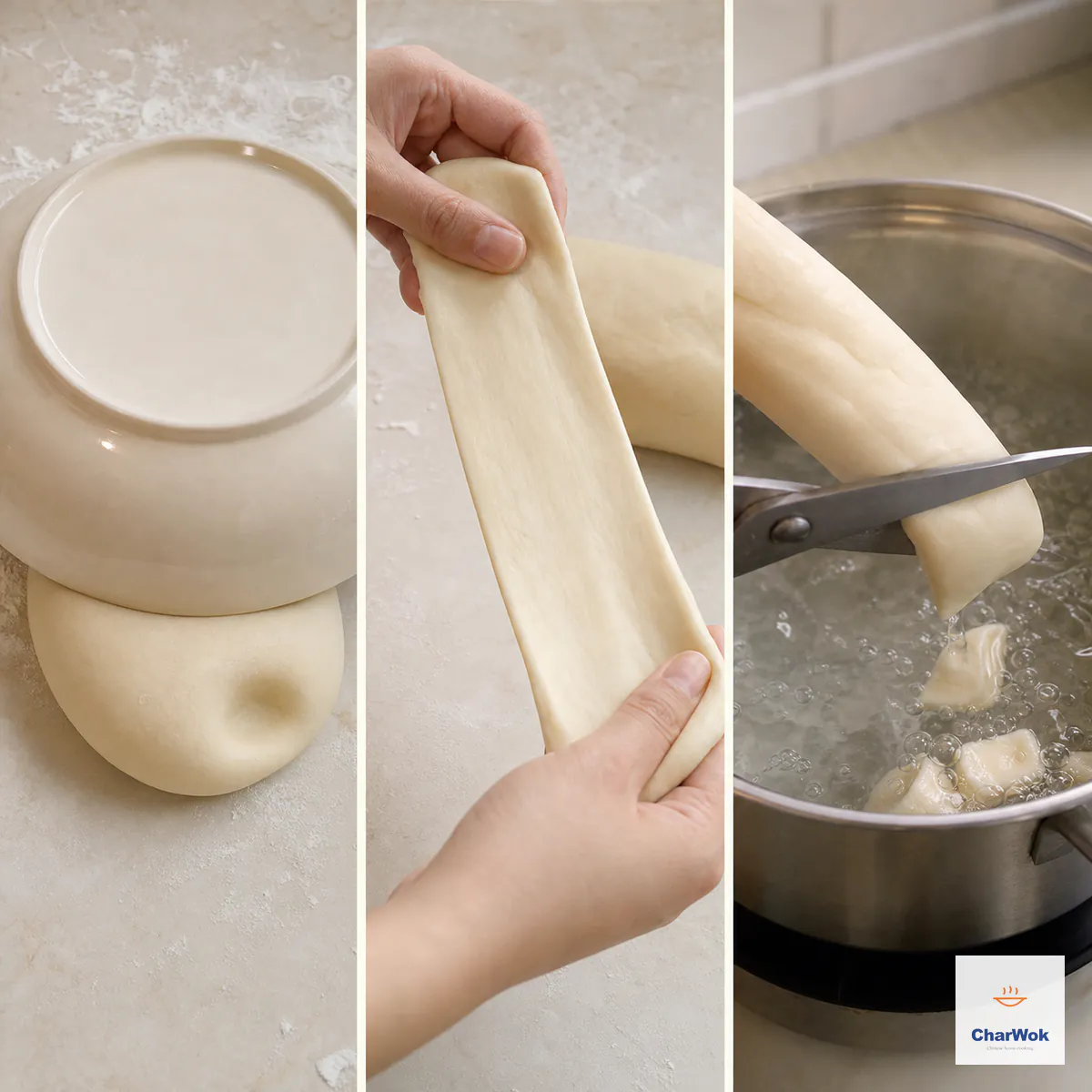 Three panels show relaxed wheat dough under an inverted bowl with a finger indentation, two hands stretching one even wide belt noodle, and scissors cutting tapered dough pieces directly into boiling water