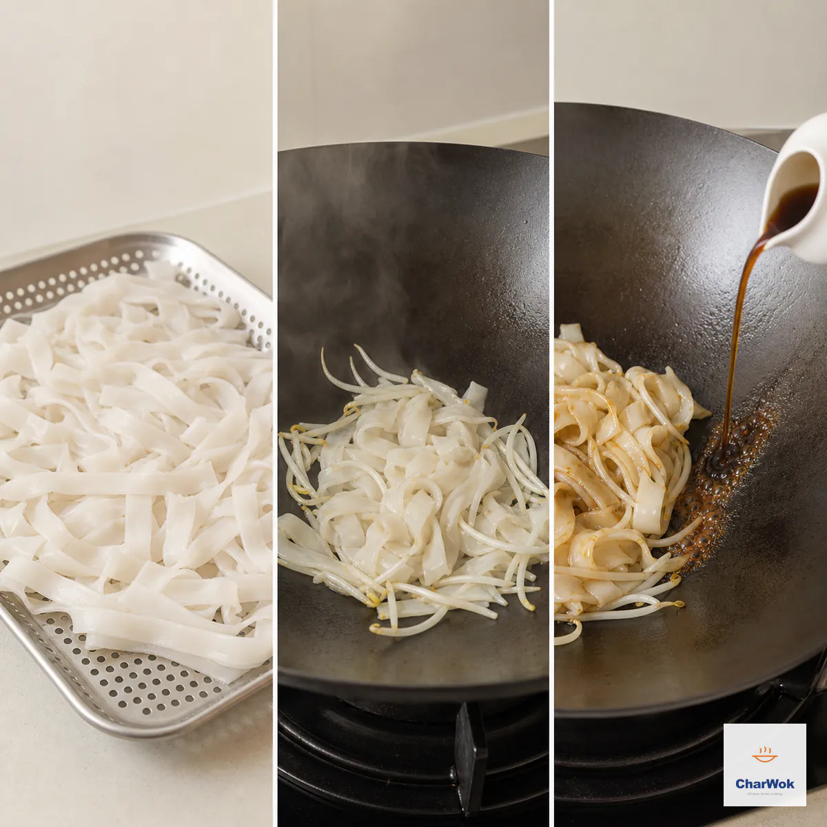 Three panels show wide rice noodles drained on a perforated tray, a modest batch with bean sprouts in an uncrowded hot carbon-steel wok, and soy sauce poured onto the bare hot wok wall beside the noodles