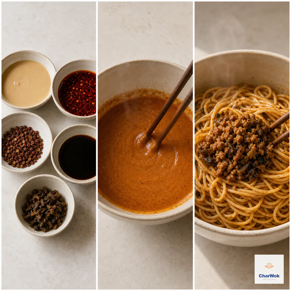 Three panels show separate sesame paste, chili oil, Sichuan pepper, black vinegar, and preserved vegetable, a smooth reddish-tan emulsified sauce, and hot wheat noodles evenly coated and topped with dry-browned pork