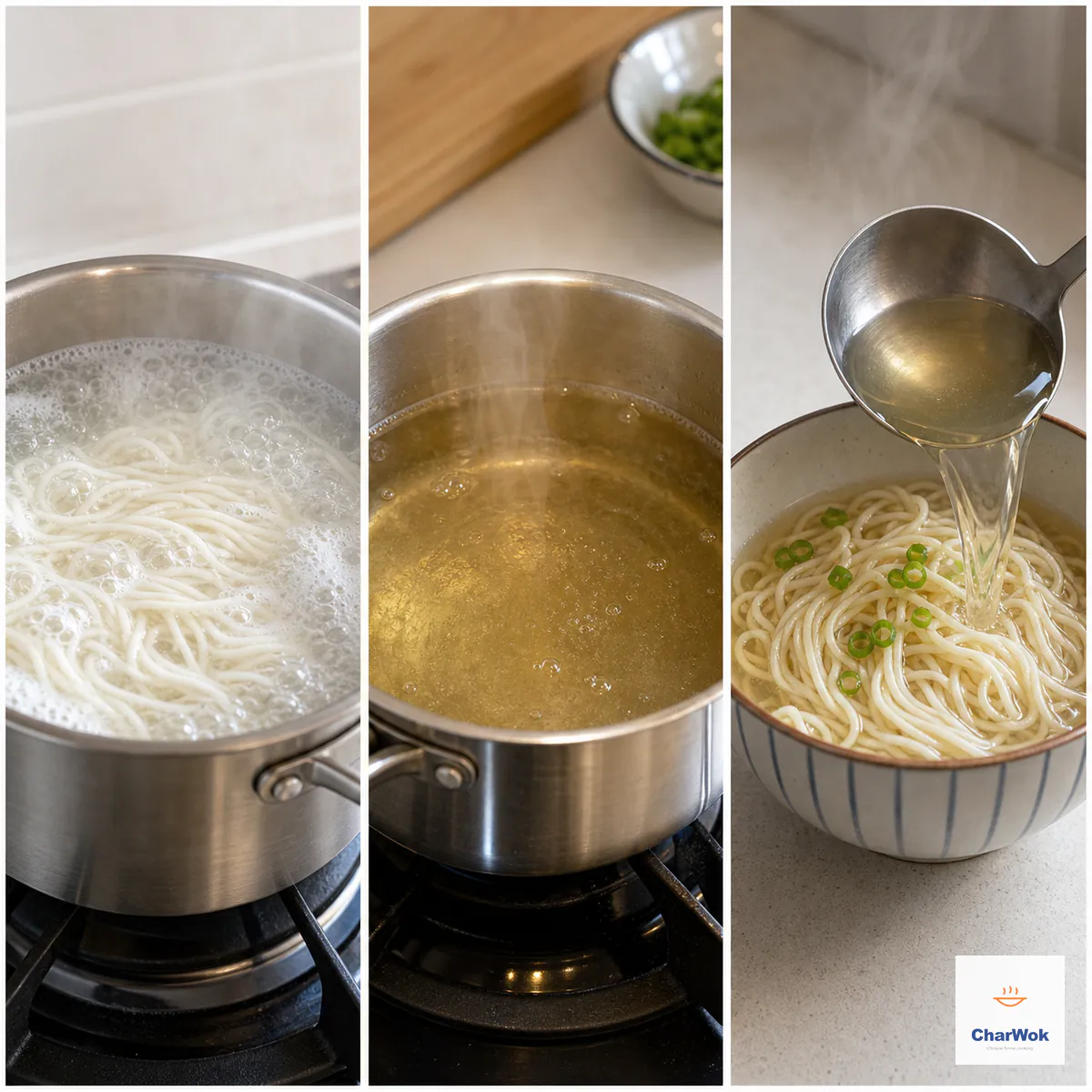 Three panels show plain wheat noodles boiling in one pot, clear golden broth simmering in a separate saucepan, and the clear broth being ladled over drained noodles in a serving bowl