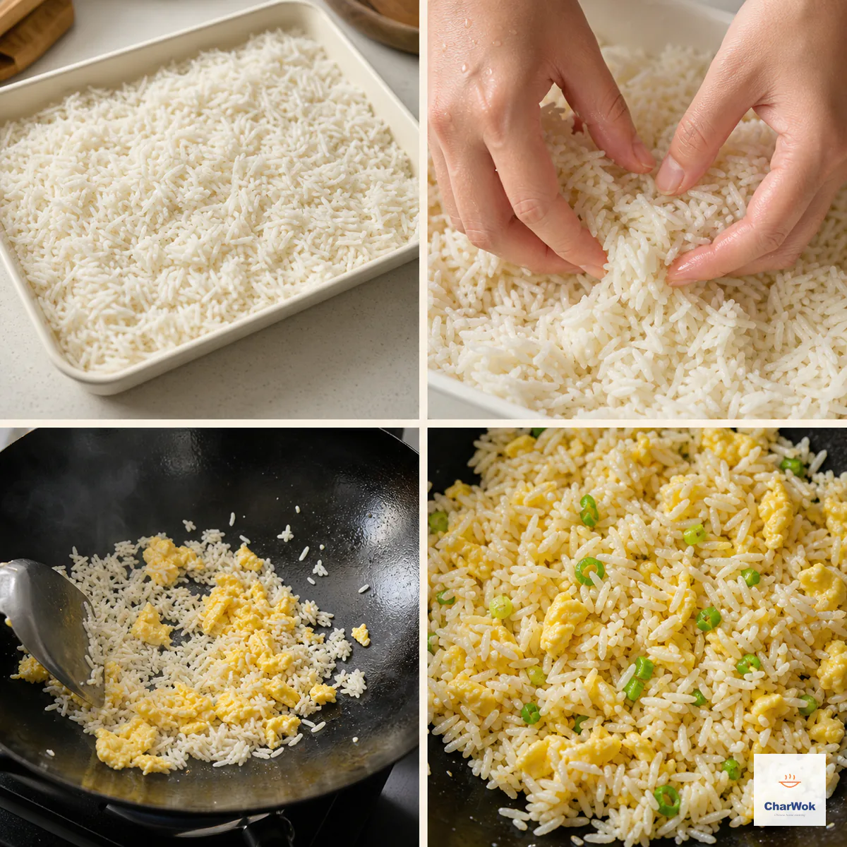 Four panels show long-grain rice chilling uncovered, damp fingers separating the cold clumps, a small batch with soft egg in an open hot wok, and finished egg fried rice with dry separate grains