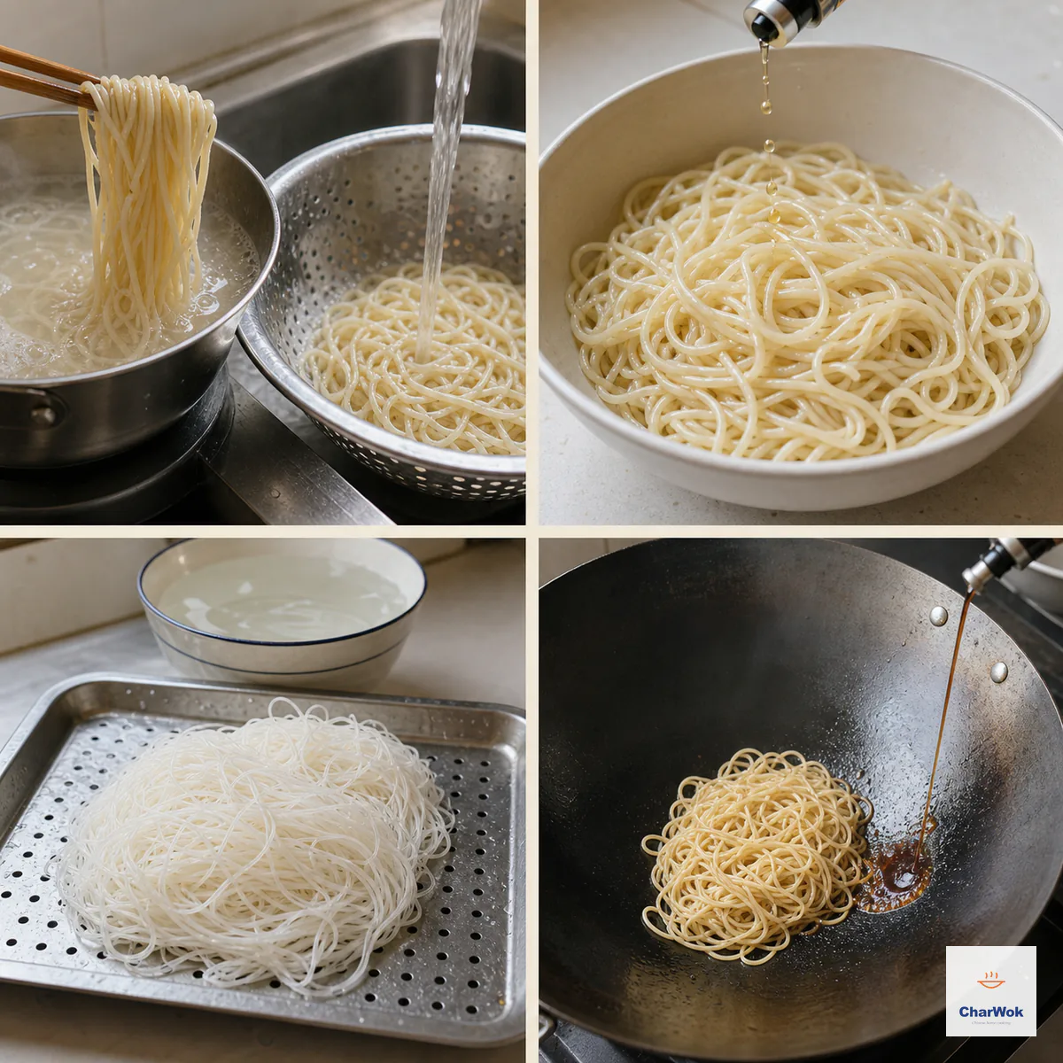 Four panels show wheat noodles lifted slightly firm and rinsed, drained noodles receiving only a few drops of oil, rice vermicelli soaked and drained intact, and a small wok batch with sauce poured onto bare hot metal