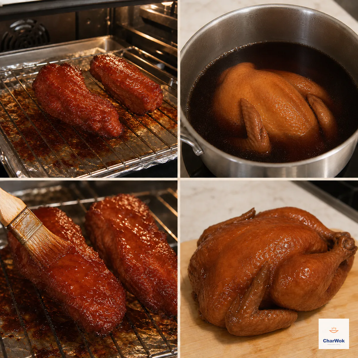 Four panels compare pork shoulder roasting and receiving a final mahogany glaze with a whole chicken gently poaching in dark soy master stock and resting with smooth lacquered skin