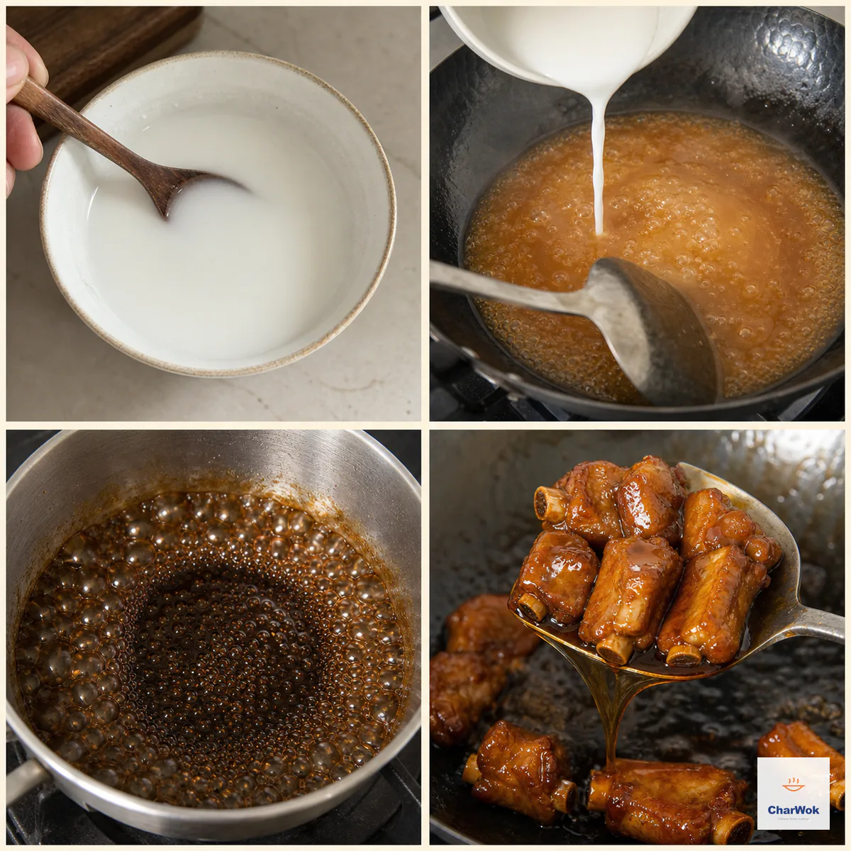 Four panels show cornstarch slurry being re-stirred, poured thinly into simmering moving sauce, a sugar-and-black-vinegar glaze reducing from large to small bubbles, and translucent amber glaze ribboning from bone-in pork ribs