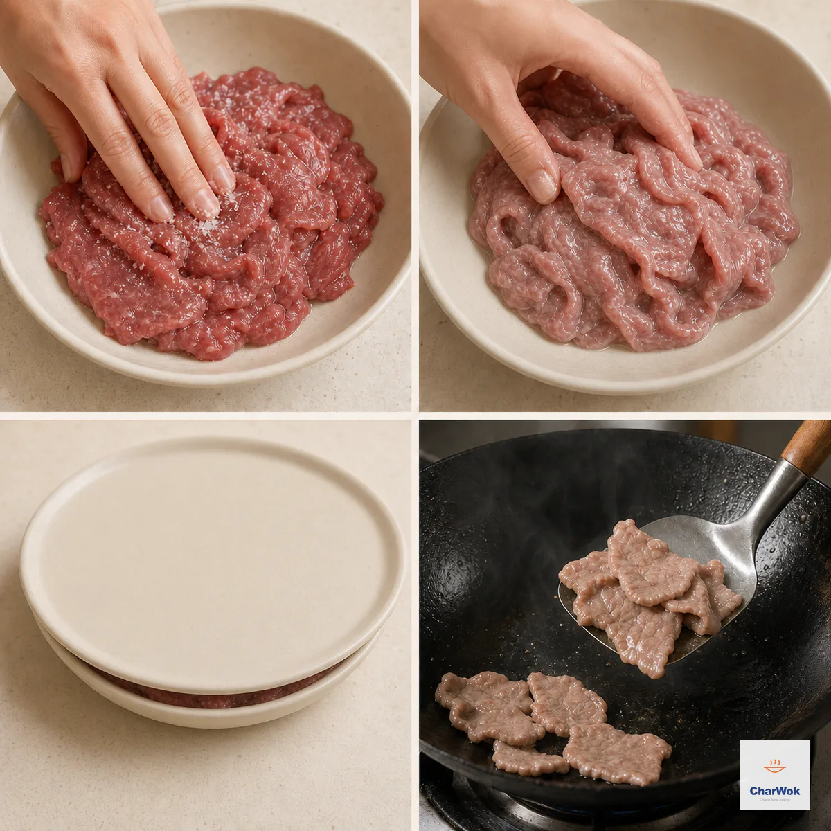 Four panels show salt massaged into thin beef until tacky, egg white and cornstarch folded into a thin coating, the coated beef resting under a plain lid, and a small wok batch lifted out as soon as the surfaces turn just opaque