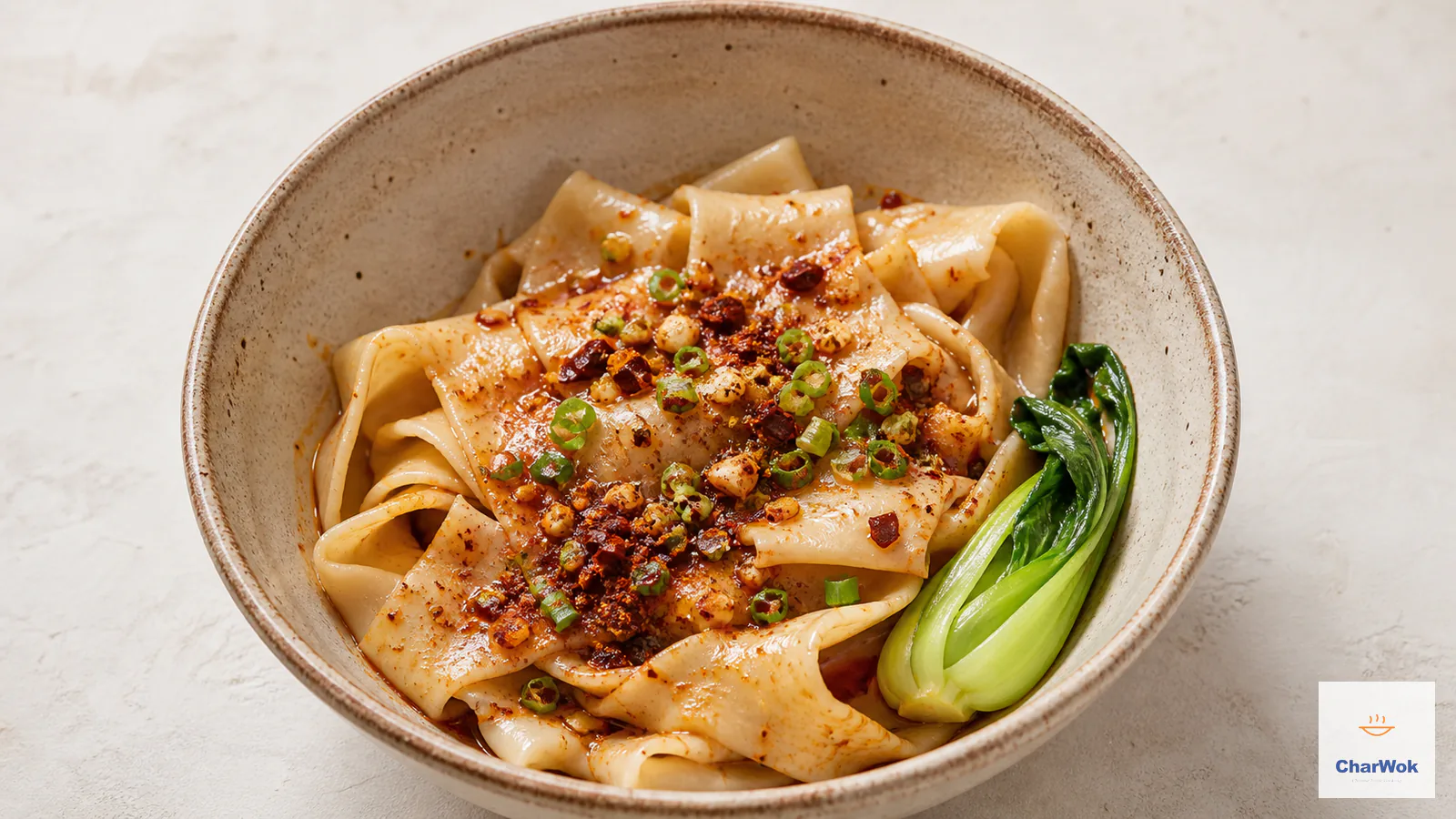 Xi’an biang biang noodles with broad hand-pulled belt noodles, garlic, scallion, chili, Sichuan pepper, hot oil, and split bok choy in a beige bowl