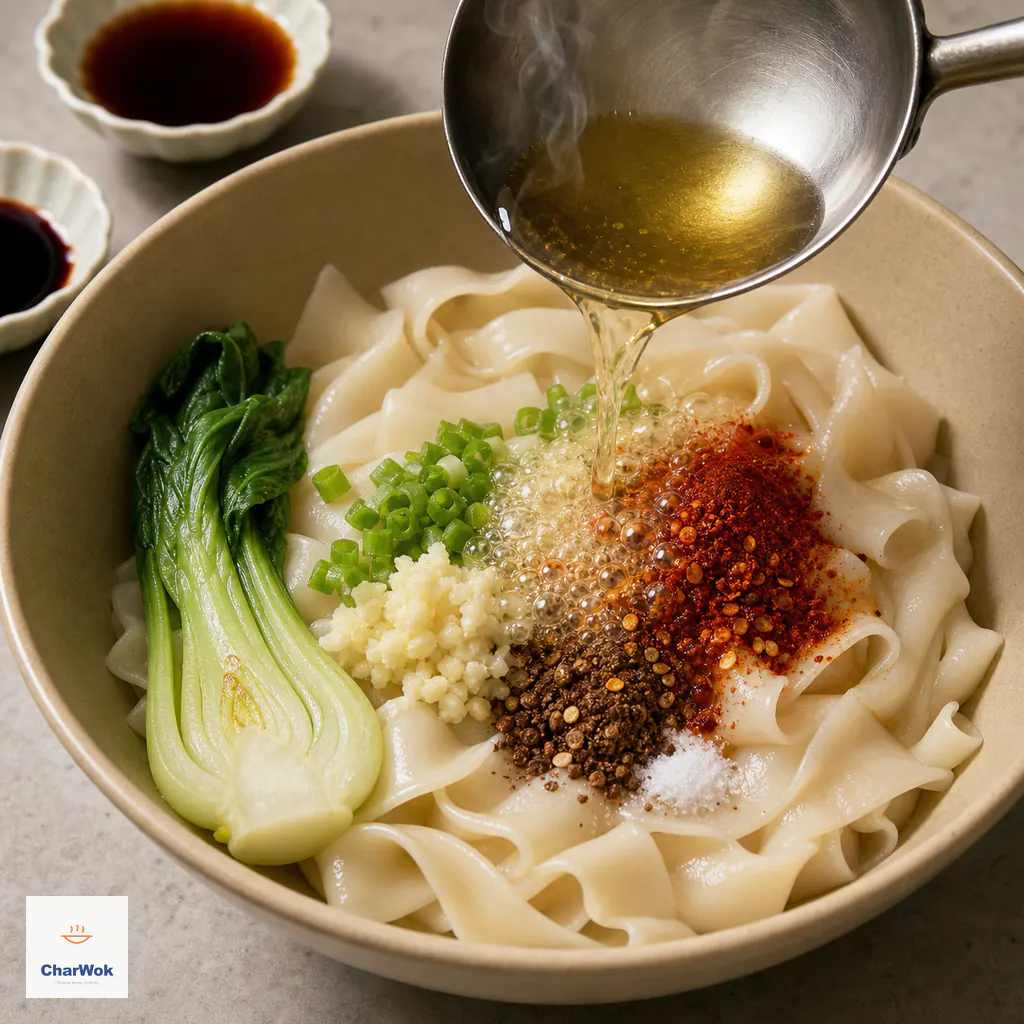 Shimmering hot neutral oil bubbles over separate piles of scallion, garlic, chili, Sichuan pepper, and salt on broad boiled noodles beside split bok choy