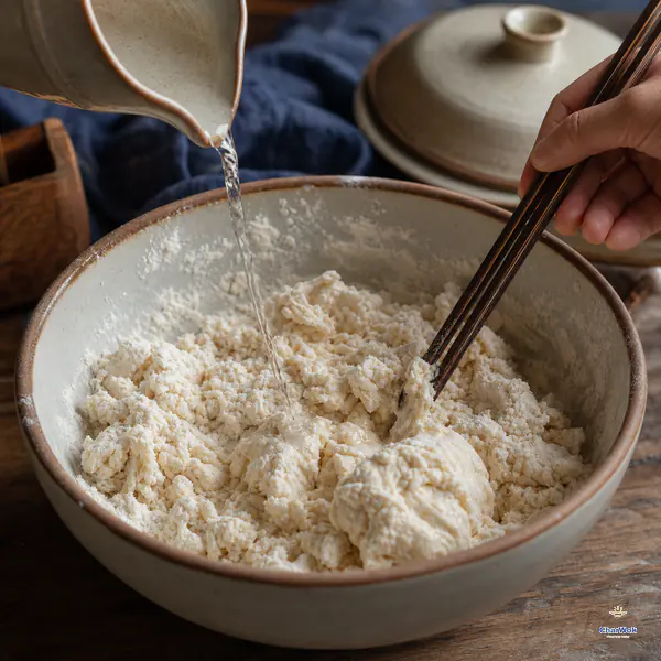 A thin stream of room-temperature water enters flour and salt while chopsticks mix them into rough shaggy clumps with no loose flour left