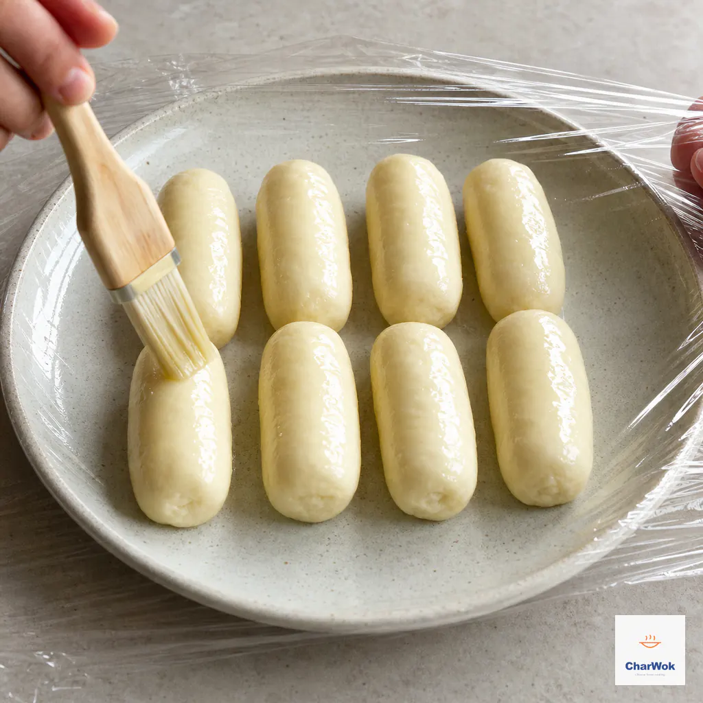 Exactly eight equal short dough cylinders receive an even film of neutral oil on a ceramic plate as clear food wrap is drawn over them