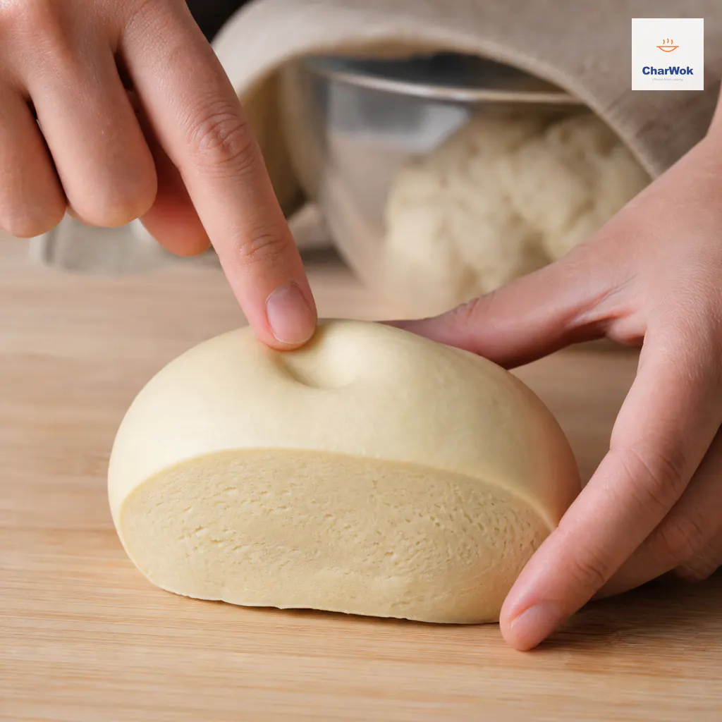 A fingertip presses a smooth medium-firm noodle dough while its dense cut face shows no large air holes and the earlier rough dough rests covered behind it