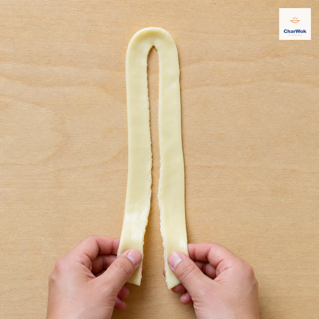 One cook’s two hands gently separate a broad stretched noodle along its center groove into two connected strands that remain joined as one long loop