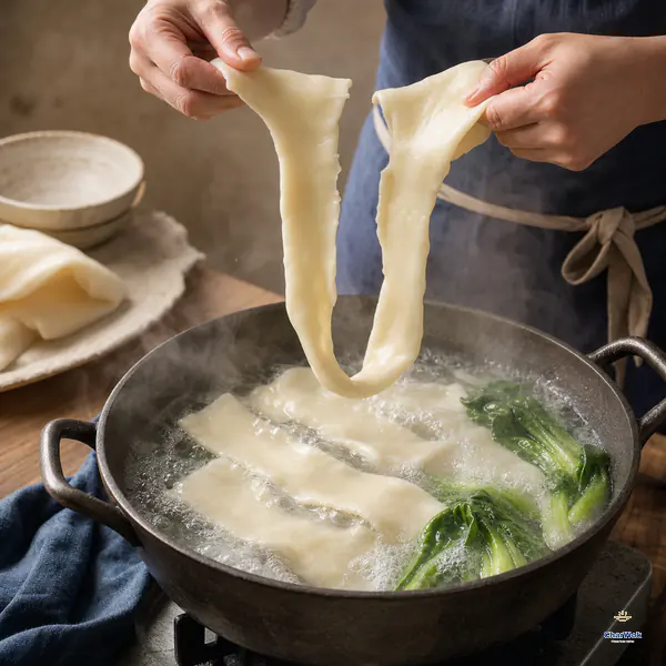 A freshly torn broad noodle loop is lowered straight into vigorously boiling water where earlier noodles and split bok choy are cooking