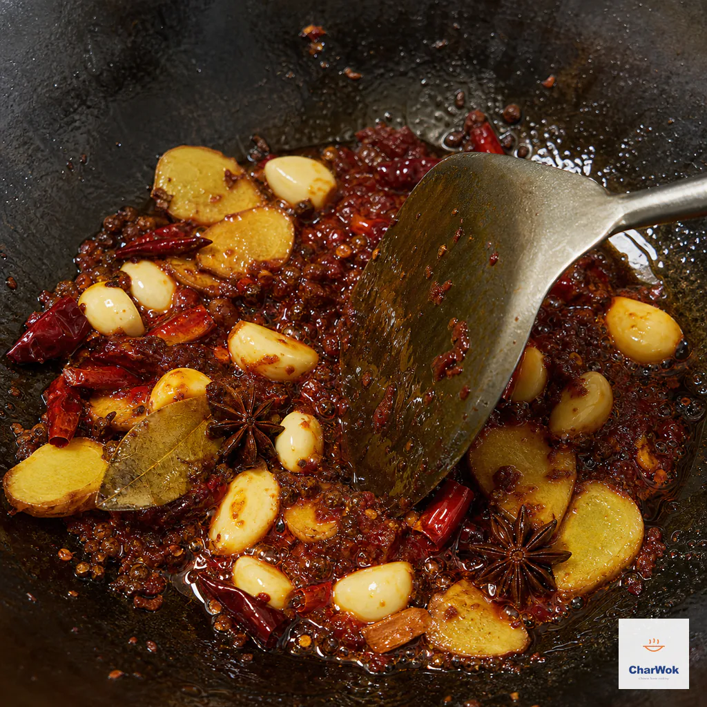 Doubanjiang fries to brick red in a restrained layer of red oil with ginger slices, whole garlic, star anise, cassia, bay leaf, dried chilies, and Sichuan peppercorns