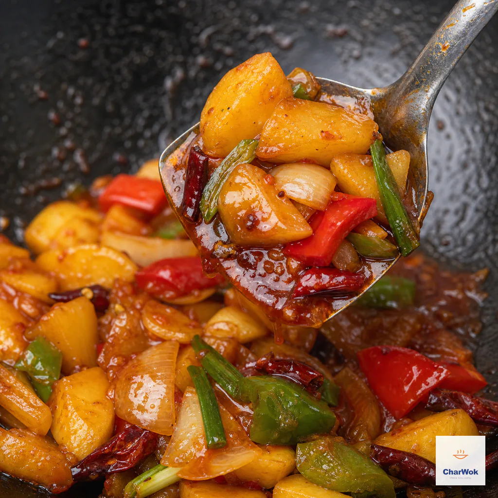A wok spatula lifts tender potato, softened onion, red and green bell peppers, dried chilies, and scallion coated in glossy brick-red gravy that drips back slowly
