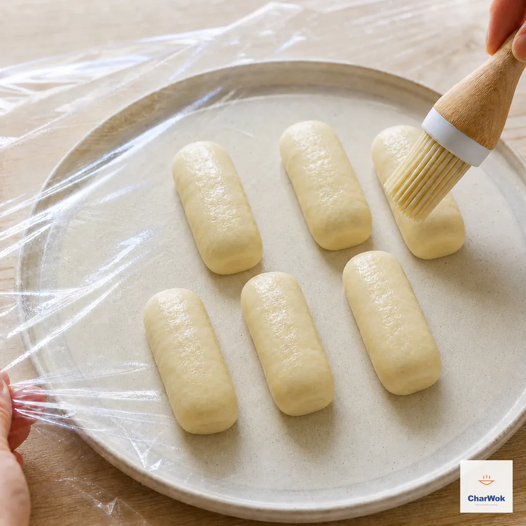 Exactly six equal short cucumber-shaped dough logs sit separately on a ceramic plate while neutral oil is brushed over them and clear food wrap is drawn across the plate