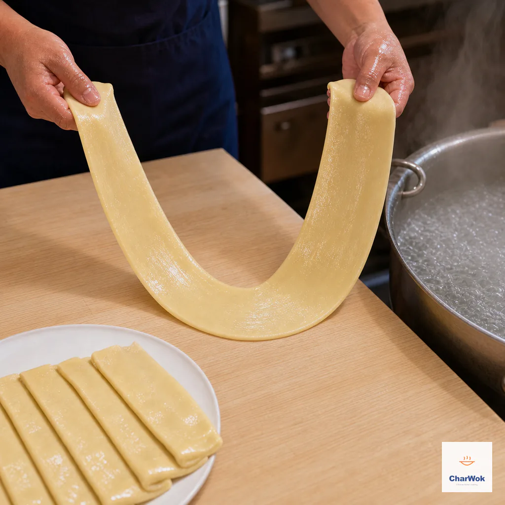 One cook’s two hands hold the two ends of one continuous broad belt noodle in a long U shape as its center bounces on the worktop beside a rolling pot of water and five waiting dough pieces