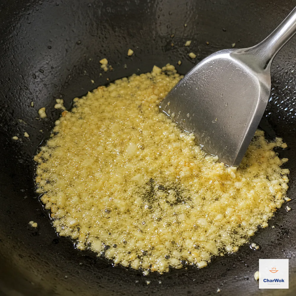 Finely minced garlic and ginger sizzle in infused oil as a wok spatula stirs them at the first pale-gold stage without browning