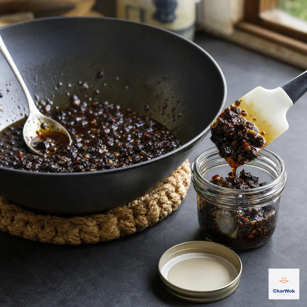Chunky glossy black bean sauce rests in a wok on a heatproof trivet while a silicone spatula transfers the cooled sauce into a clean dry glass jar