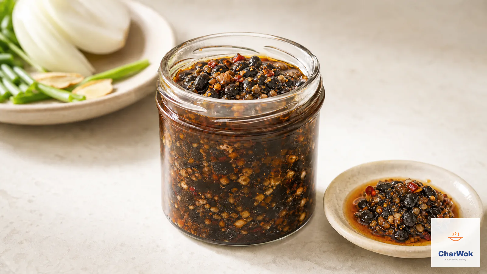 Homemade Chinese black bean sauce with chunky whole and coarsely chopped douchi, garlic, ginger, and restrained red chili in a clear glass jar beside a small tasting dish
