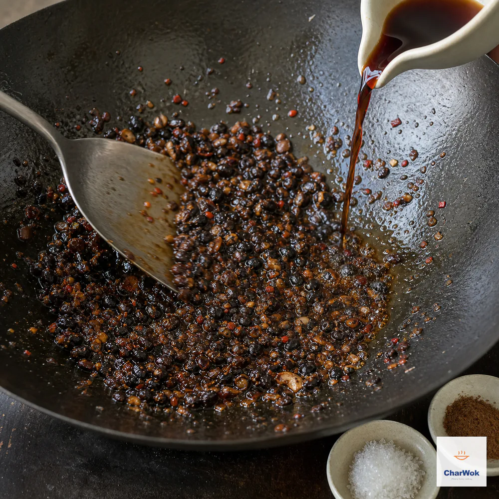 Whole and coarsely chopped fermented black beans fry with restrained red chili flakes while light soy sauce and Shaoxing wine pour into the wok beside sugar and five-spice