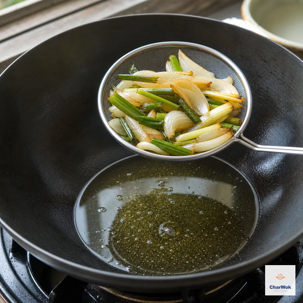 Golden-edged scallion sections and sliced onion drain in a fine-mesh skimmer held above clear infused oil in a dark wok