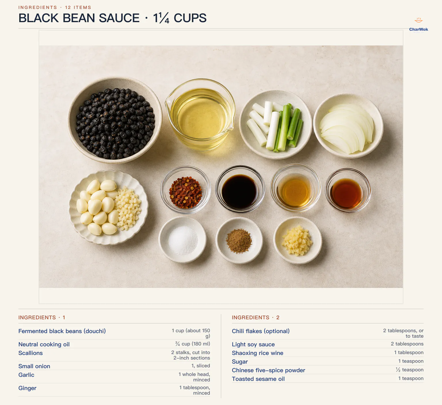 Black bean sauce ingredients labeled in English: 1 cup or about 150 g dry fermented black beans, 180 ml neutral oil, 2 scallions, 1 small onion, 1 head garlic, 1 tablespoon ginger, optional 2 tablespoons chili flakes, 2 tablespoons light soy sauce, 1 tablespoon Shaoxing wine, 1 teaspoon sugar, half teaspoon five-spice, and 1 teaspoon toasted sesame oil