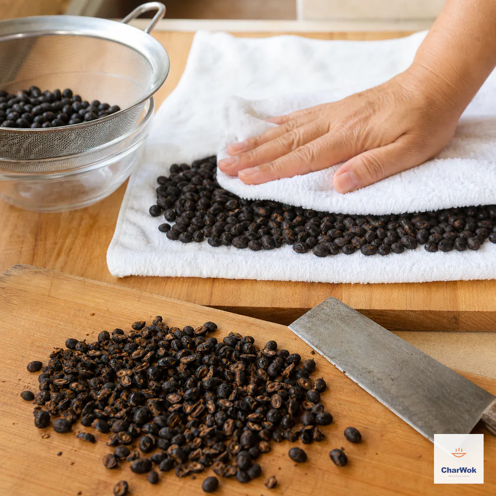 Rinsed fermented black beans are pressed dry between white kitchen towels while a nearby portion is coarsely chopped into halves and quarters with some beans left whole