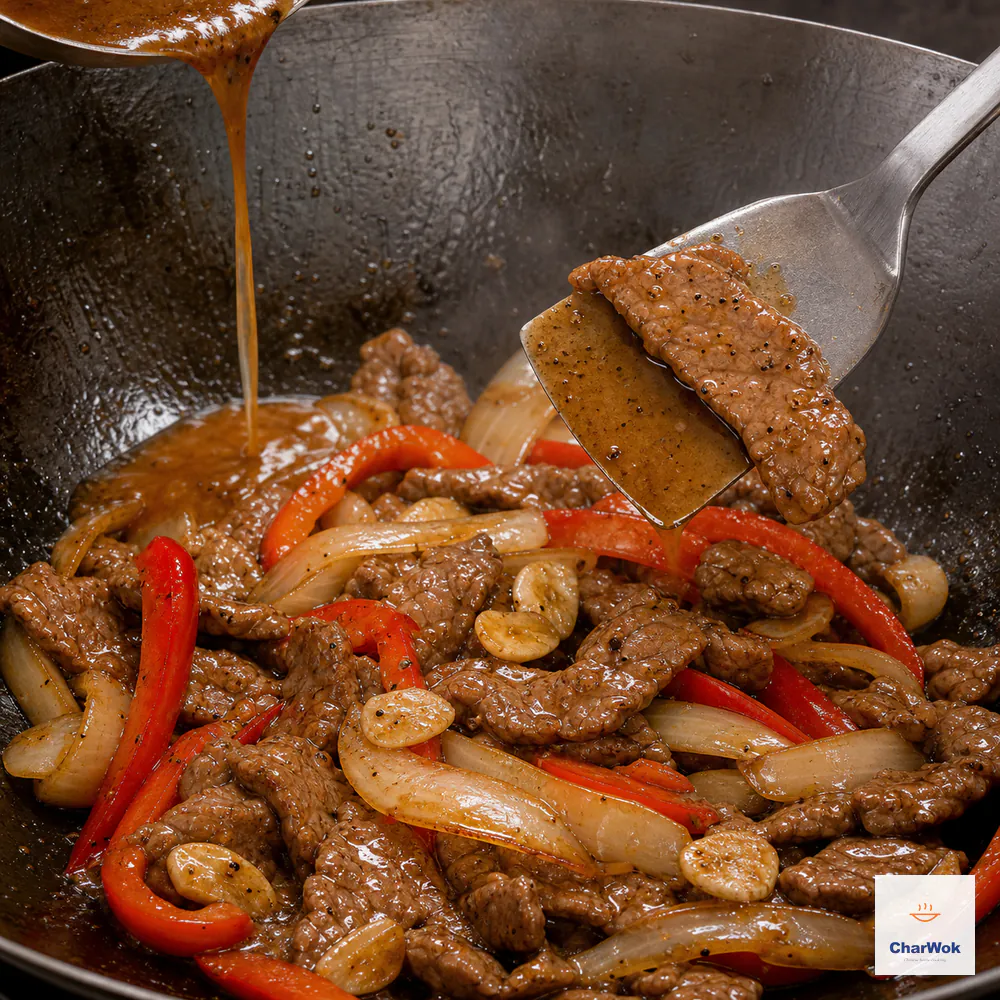 Black-pepper sauce pours into the hot wok around browned beef, onion, red pepper, and garlic while one lifted strip carries a thin glossy coating that still flows