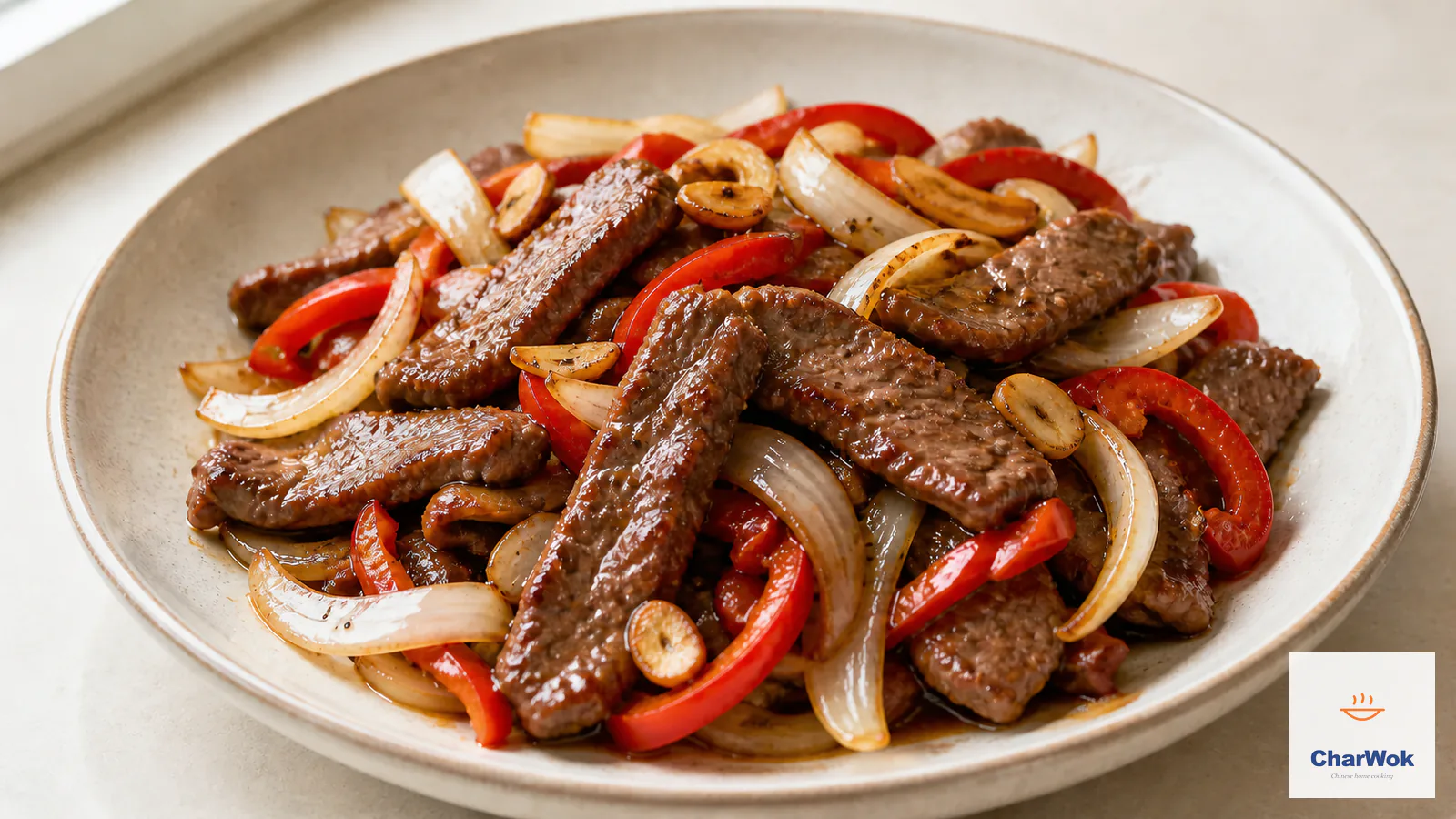 Black pepper beef stir-fry with glossy browned beef strips, red bell pepper, onion, and sliced garlic in a light-brown pepper sauce on an ivory ceramic plate