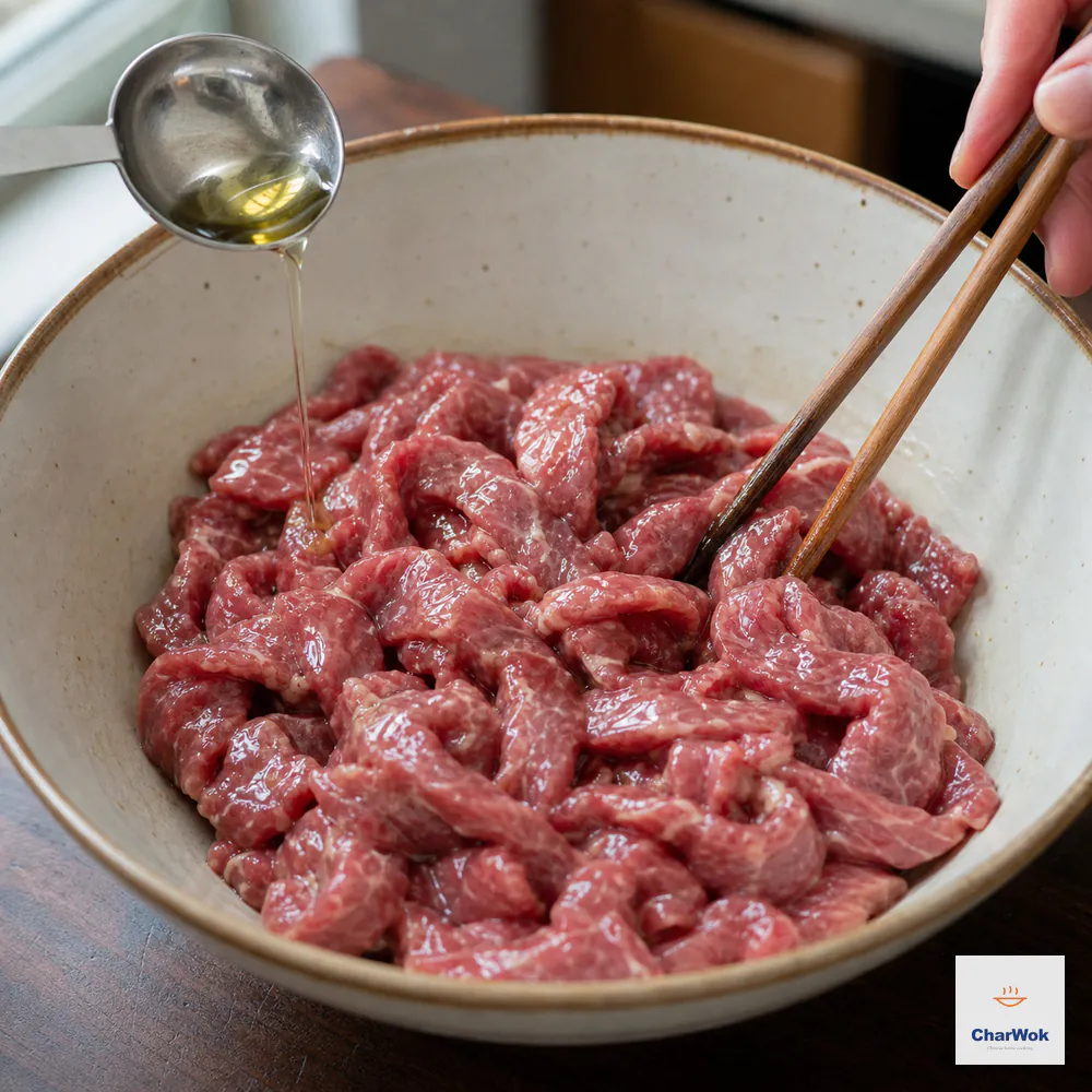 Raw beef strips look slightly cloudy and tacky with no liquid pooled in the bowl while neutral oil is drizzled over the surface and chopsticks toss the final coating